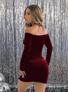 SHEIN EZwear Women's Burgundy Velvet Off Shoulder Dress Autumn And Winter Chic Dress - Burgundy - View 2