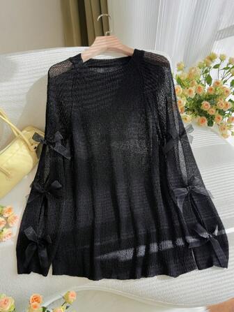 SHEIN Privé 大码纯色圆领长袖蝴蝶结装饰休闲套头毛衣