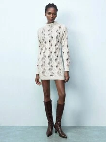 Maija Apricot Round Neck Crochet Hollow Slim-Fit Women Sweater Dress, Comfortable Casual Resort Versatile Fashion Festival