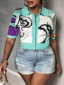 Slaydiva Plus Women Summer Short Sleeve Single-Breasted Slim Crop Cardigan With Abstract Face Pattern - Mint Green - View 3