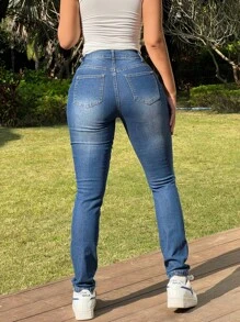 SHEIN Essnce Women's Blue Denim Skinny Jeans, Casual Stretch Ripped Pants