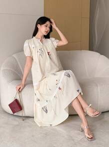 DAZY Vestido casual largo de verano para mujer con estampado floral, escote en V y mangas cortas abullonadas