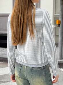INAWLY Camiseta casual de mujer con rayas y parches, 2 en 1 para otoño