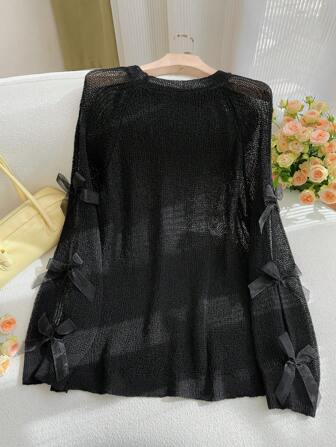 SHEIN Privé 大码纯色圆领长袖蝴蝶结装饰休闲套头毛衣