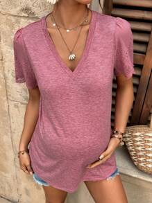 SHEIN 孕妇纯色 V 领短款荷叶边袖休闲 T 恤