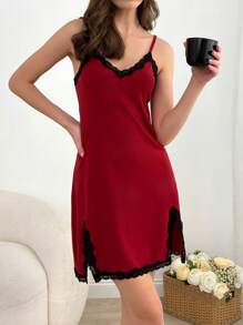 RueChic Women Viscose Soft Touch With Contrast Colour Lace Detail Homewear Lounge Dress - Red - View 1