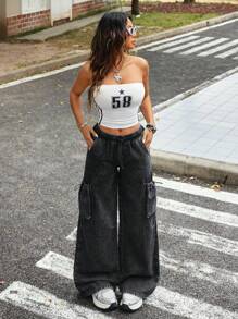 SHEIN PETITE Quần jeans ống rộng cạp thấp dáng rộng cho nữ, màu xám đậm - Màu xám đen - Xem 4