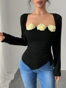 SHEIN Unity 女士浪漫优雅 3D 花卉针织修身上衣，适合春夏季 - 黑色 - 查看 4
