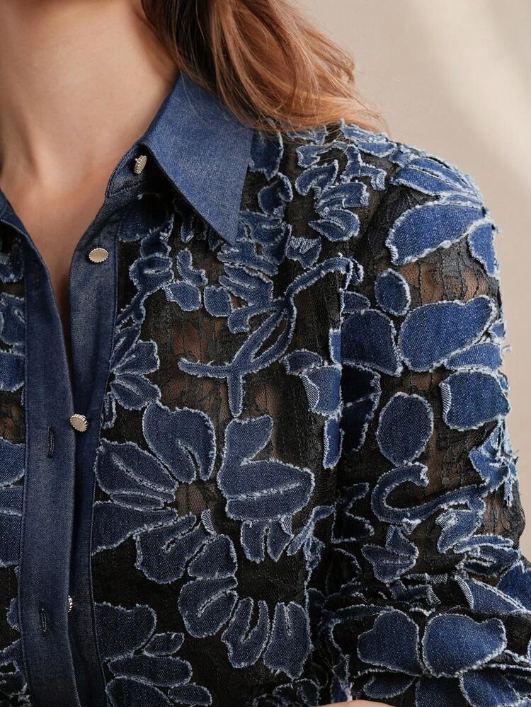 Women's Elegant Lace Patchwork Blue Floral Sheer Design Blouse, Suitable For Valentine's Day, Summer Beach Vacation, New Year's
