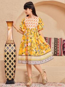 SHEIN Leap Crew Lockeres, legeres A-Linien-Kleid mit Rundhalsausschnitt, Blumenmuster und Patchwork - Gelb - Übersicht 3