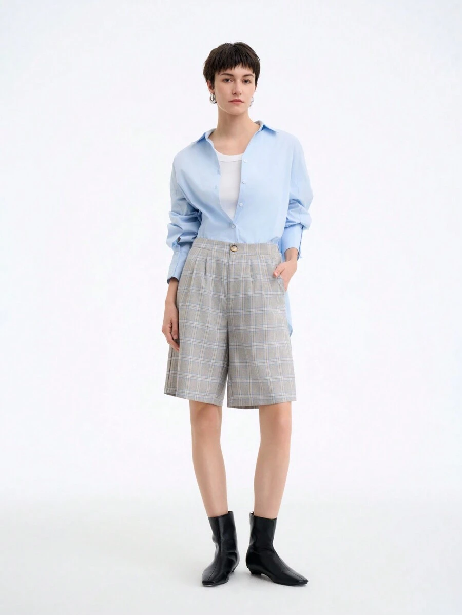 Aalyst Women's Simple Versatile Plaid Random Cut Elegant Commuter Front Waist Pleated Side Slant Pocket Shorts - Multicolor - View 1