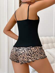 豹纹与字母印花吊带背心和短裤女士睡衣套装 - 彩色 - 查看 2
