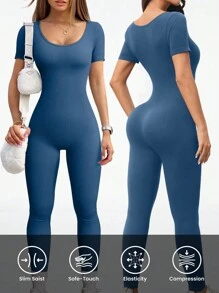 Gameset SHEIN Sport Women's Solid Color Short Sleeve Jumpsuit, Casual And Minimalist Design, Suitable For Daily Wear - Navy Blue - View 1