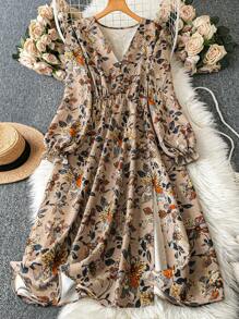 SHEIN LUNE 花卉印花 V 领 A 字形修身长袖中长连衣裙，大码波西米亚女牛仔装老钱节波西米亚西部服饰女士嬉皮士夏季波西米亚老钱夏季女士春假狂欢装节日春假装 - 杏色 - 查看 1