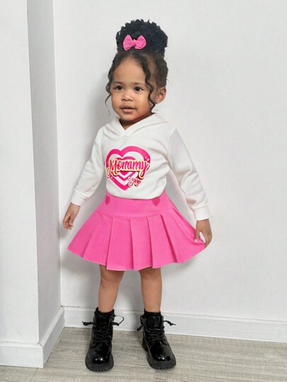 Baby Girls "Mommy+Me" Heart Slogan Printed Hoodie Sweatshirt, Warm & Cute Design, Suitable For Outings, Gatherings, All Seasons