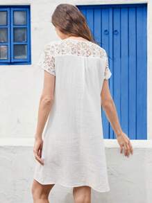 EMERY ROSE Women Simple Button Front Short Sleeve Casual Mini Dress - White - View 3