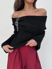 Aloruh Women's Off-Shoulder Long Sleeve Fitted Warm Leather Button Stylish Sweater, Autumn/Winter