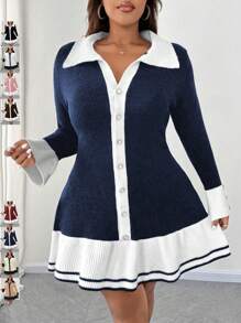 SHEIN Unity Plus Size Women Knit Color Block Sweater Dress With Ruffle Hem And Button Decor, Elegant Dress For Autumn/Winter Fall Cloth For Women - Blue - View 1