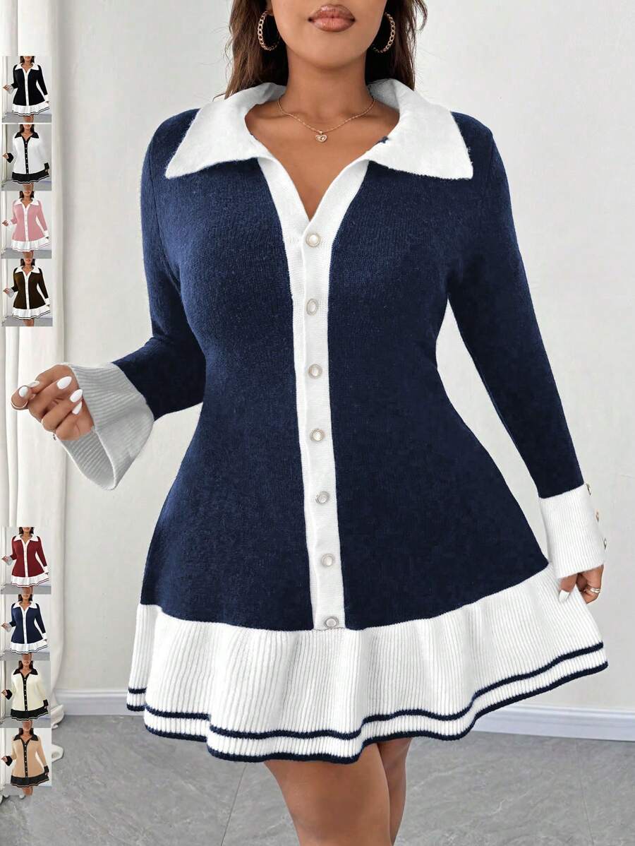 SHEIN Unity Plus Size Women Knit Color Block Sweater Dress With Ruffle Hem And Button Decor, Elegant Dress For Autumn/Winter Fall Cloth For Women - Blue - View 1