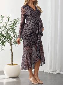 SHEIN Maternity Elegant Leopard Print Overlap V-Neck Long Sleeve Ruffle Hem Dress - Multicolor - View 4