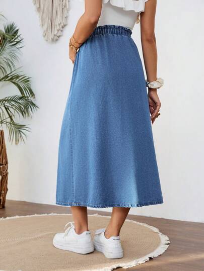 SHEIN Maternity With Tie Waist Side Slit Casual Blue Loose Denim Skirt, Summer , Spring For Women, Vacation Woman , Suitable For Parties, Holidays, Dates, Mother's Day Gift