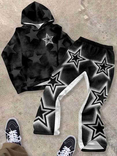SHEIN 2pcs Casual Streetwear Set For Teenage Boys, Loose Fit Cool Star Print Hoodie And Pants