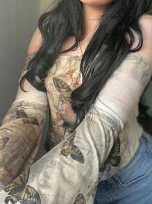 SHEIN Essnce Women's Off Shoulder Long Sleeve Butterfly Print Casual Blouse Fall Cloth For Women