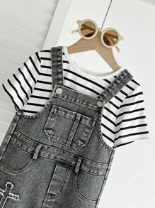 Set de 2 piezas niño (pequeño) con top casual de cuello redondo y manga corta, y pantalones tipo babero - Multicolor - Ver 4