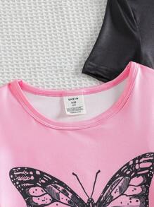 2 Peças Conjunto de Homewear Confortável com Estampa de Rosto Sorridente para Meninas Pré-Adolescentes - Top de Manga Curta e Calça - Multicolorido - Visão 4