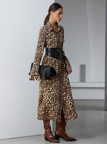 SHEIN Privé Vestido camisa largo de mujer elegante y vintage de gasa con estampado de leopardo, cinturón, diseño sensual semitransparente que realza la cintura, vestido primaveral para el Día de San Valentín