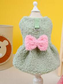 PETSIN 粉色蝴蝶结蓬松宠物连衣裙，可爱又温暖，秋冬款，带牵引绳 - 綠色 - 查看 2