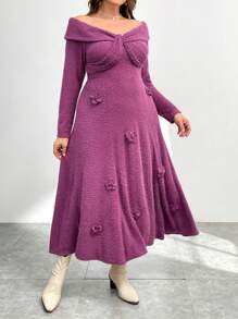 Modelyn 大码女式纯色扭结花卉装饰优雅长袖连衣裙 - 紫色 - 查看 2