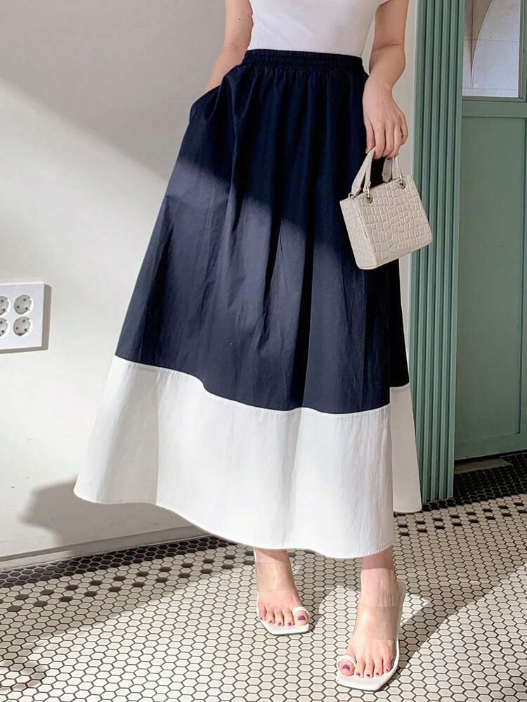 Women's Contrast Color Elastic Waist Pocket Patchwork A-Line Skirt Summer