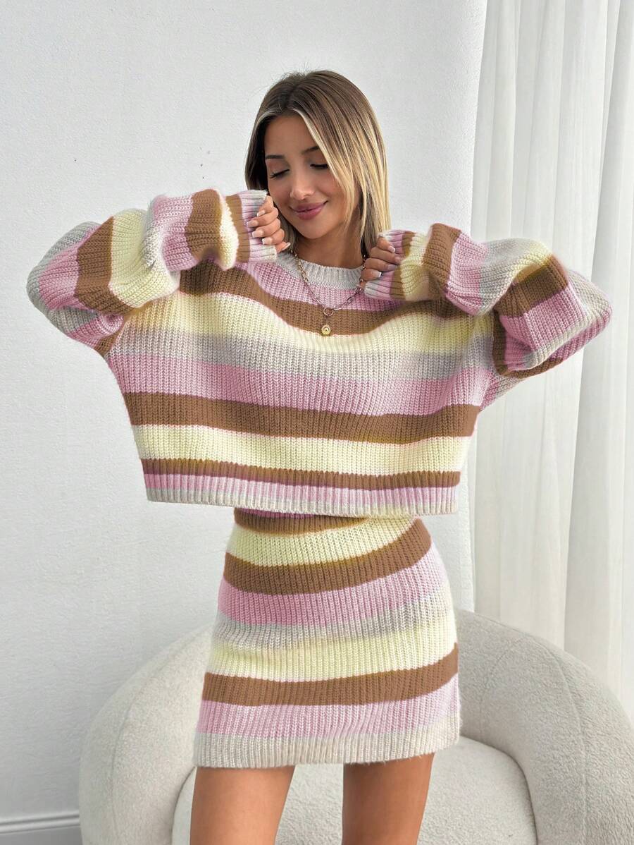 EURMUSE Woman Gradient Color Sweater And Mini Skirt Two Piece Sweater Co-Ords Fall Winter Warm Touch - Multicolor - View 1