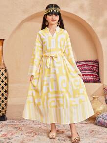 SHEIN Tween 女童宽松休闲立领几何图案长袖中长连衣裙 - 白色 - 查看 3