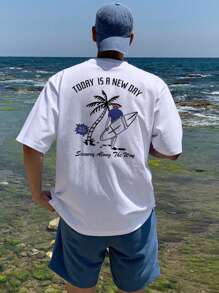 DAZY White Summer Beach & Surf Print Casual T-Shirt For Men,Graphic Tees