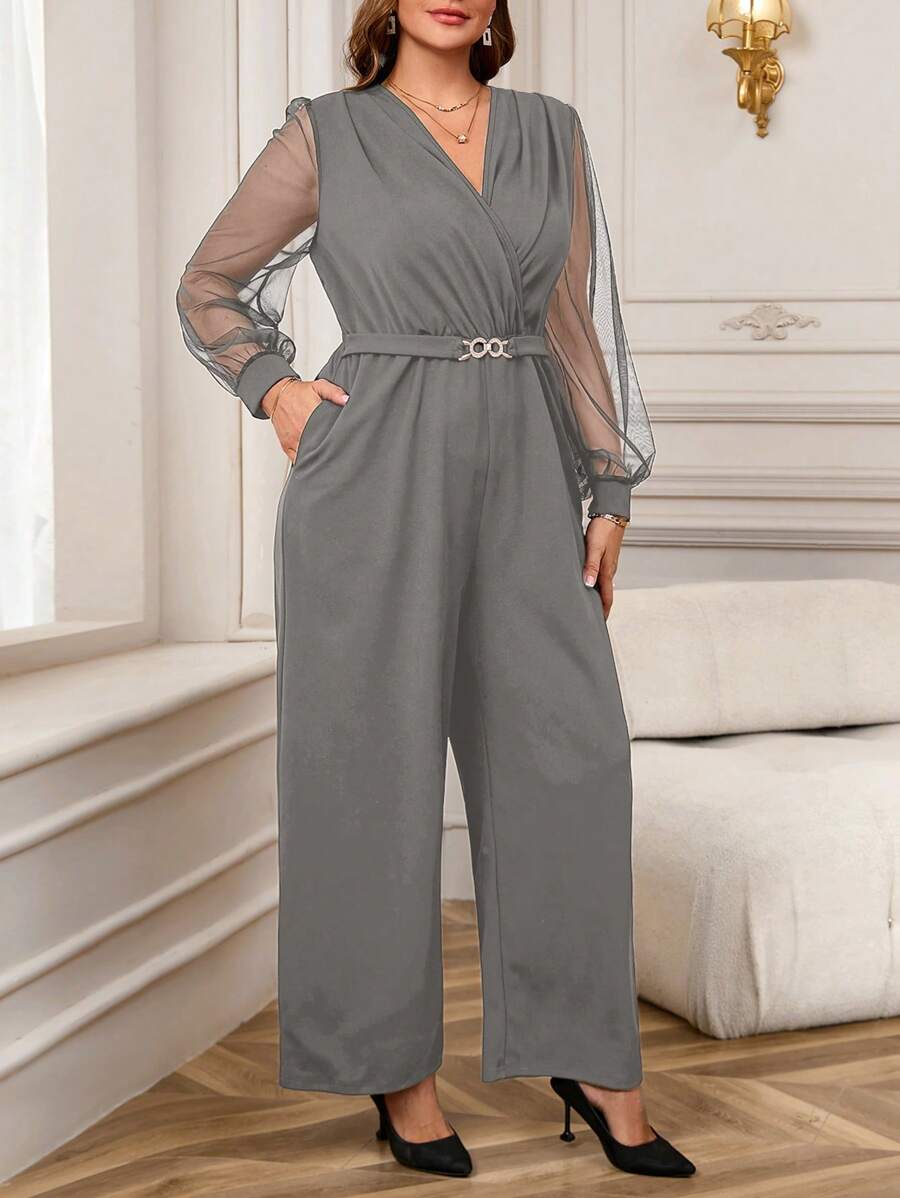 EMERY ROSE Ropa de invierno talla grande para mujer - Ropa de mujer de Navidad, mono elegante de unicolor con parches de malla y mangas farol