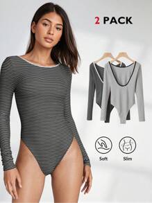 SHEIN BASICS 2pcs Set Casual Knitted Striped Backless Long Sleeve Bodycon Bodysuit For Women