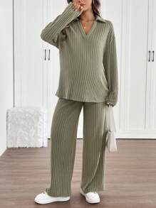 SHEIN 2pcs/Set Loose Maternity Shirt With Epaulet Sleeves And Adjustable Waistline Straight Pants Set, Autumn - Green - View 3