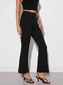 SHEIN EZwear Women's Flared Casual Pants With Corset Waist And Buckle Design - Black - View 6