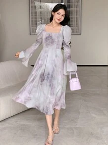 DAZY Watercolor Tie-Dye Waist Puff Sleeve Mid-Length Dress For Women, Ruffle, Fall Dress Long Sleeve Dress Floral Dresses For Women - Dusty Purple - View 6