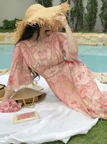 DAZY Robe mi-longue femme bohème avec patchwork floral et col en V