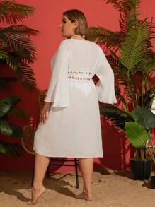 Swim Lushoire Summer Plus Size Flare Sleeve White Loose Beach Cover Up, Vacation Style Sun Protection Cover Up For Women - White - View 2