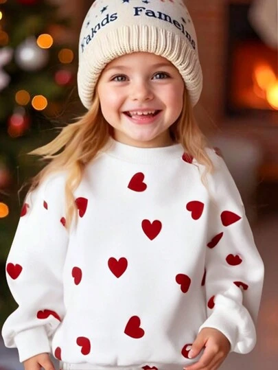 SHEIN Elladie kids Ung flicka Söt och mysig digitalt tryck Färgglatt hjärtmönster stickad långärmad tröja, avslappnad till hösten