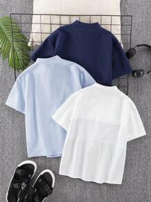 SHEIN 3 件套儿童青少年男童休闲假日纯色拼布撞色领印花短袖宽松衬衫，多件装 3 种不同设计，适合通勤、上学、日常休闲、旅行、运动、春季、夏季、秋季、冬季 - 彩色 - 查看 6