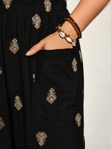 Freevana VCAY 大码女式波西米亚风几何印花口袋宽松阔腿休闲裤夏季春季度假裤 - 黑色 - 查看 7