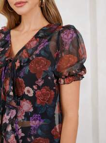 SHEIN Clasi Rose Print Comfortable & Elegant Ruffle Hem Women's Shirt, New Years Women ,New Years Top, Valentine's Day