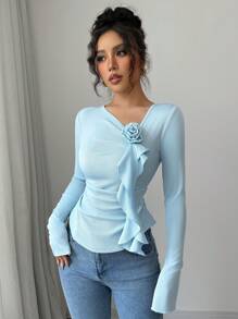 Elenzga Women 3D Flower Decor Long Sleeve T-Shirt, Simple Commute Style