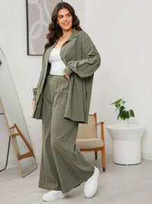 SHEIN LUNE Plus Size Solid Color Button Up Long Sleeve Top And Pants 2 Pieces Set, Casual - Green - View 4