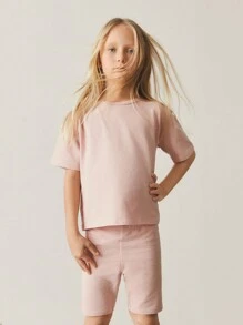 SHEIN Girls Cotton Solid Drop Shoulder Tee & Cycling Shorts Set - Dusty Pink - View 3